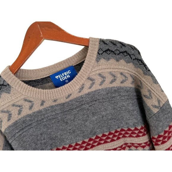 Elfric Eden Knit Sweater M Nordic Pattern Beige Gray Red Pullover Unisex Wool Bl - Picture 4 of 11